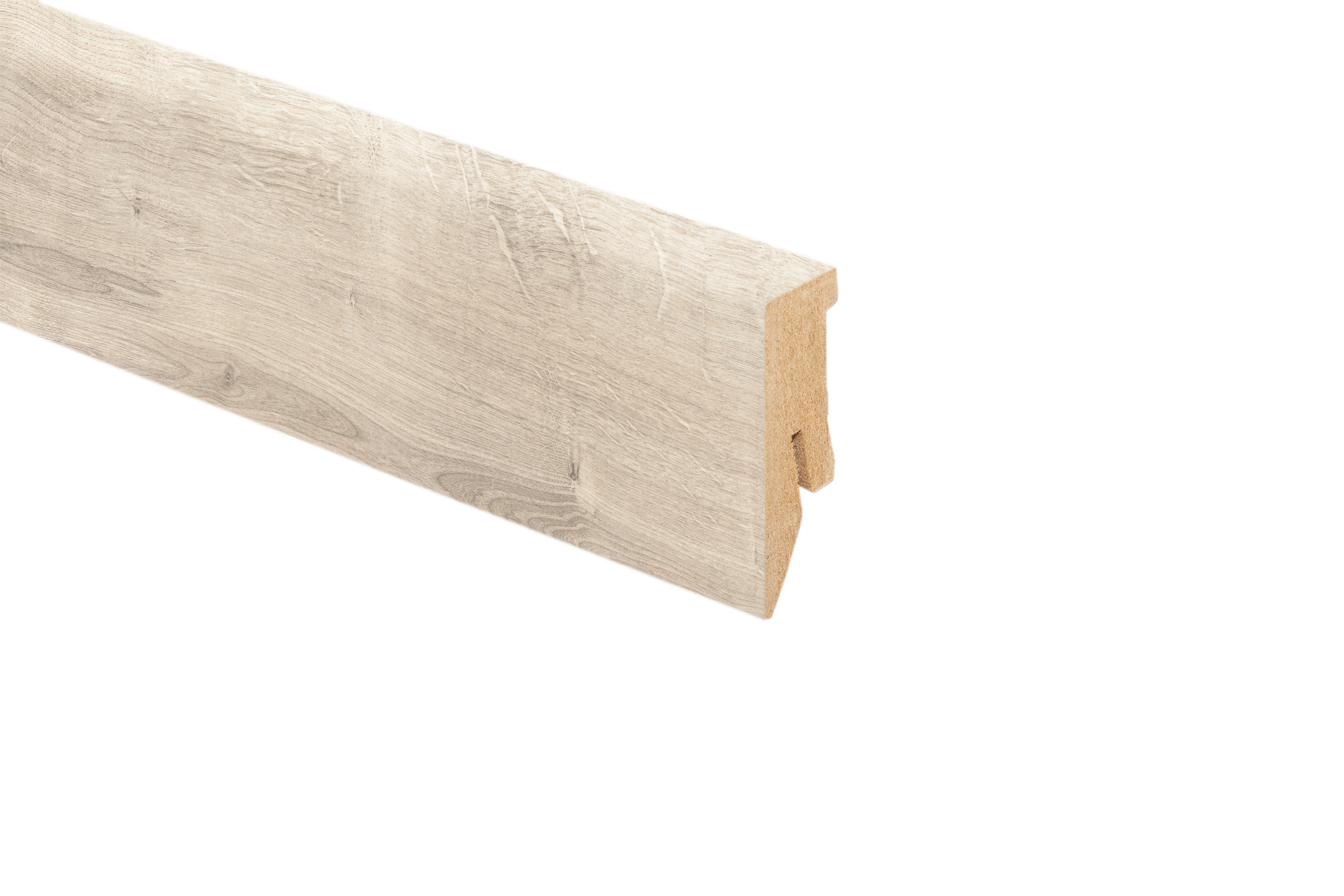 Sockelleiste in heller Holzoptik mit feiner Maserung und strukturierter Oberfläche für Boden und Wandgestaltung.
