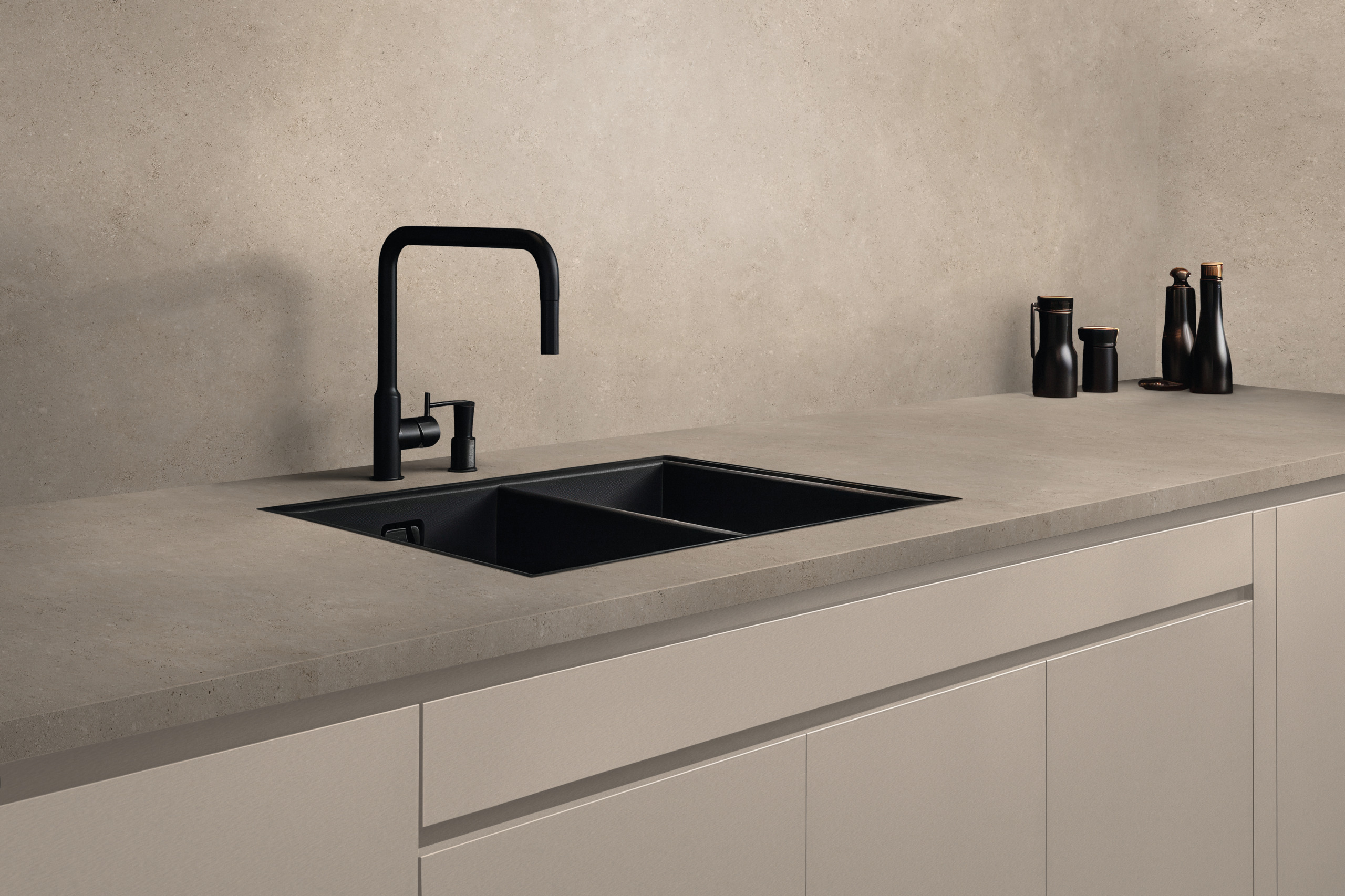 kitchen sink, schwarze Armatur, Doppelspüle, Stein-Top, minimalistisch
