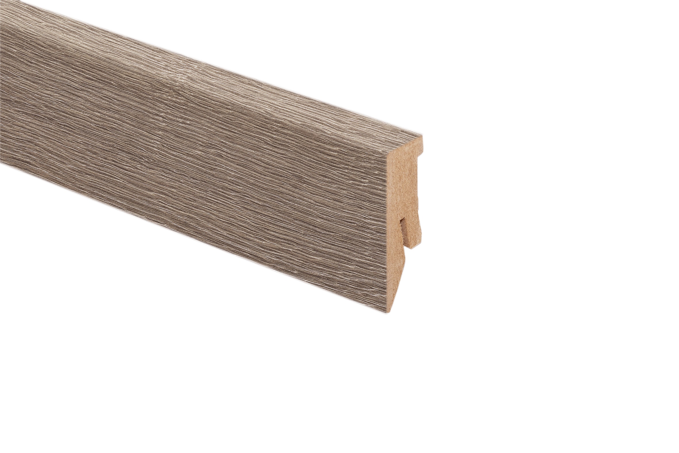Eine Sockelleiste mit strukturierter Holzoptik in Braun. Ideal für Boden und Wandgestaltung.