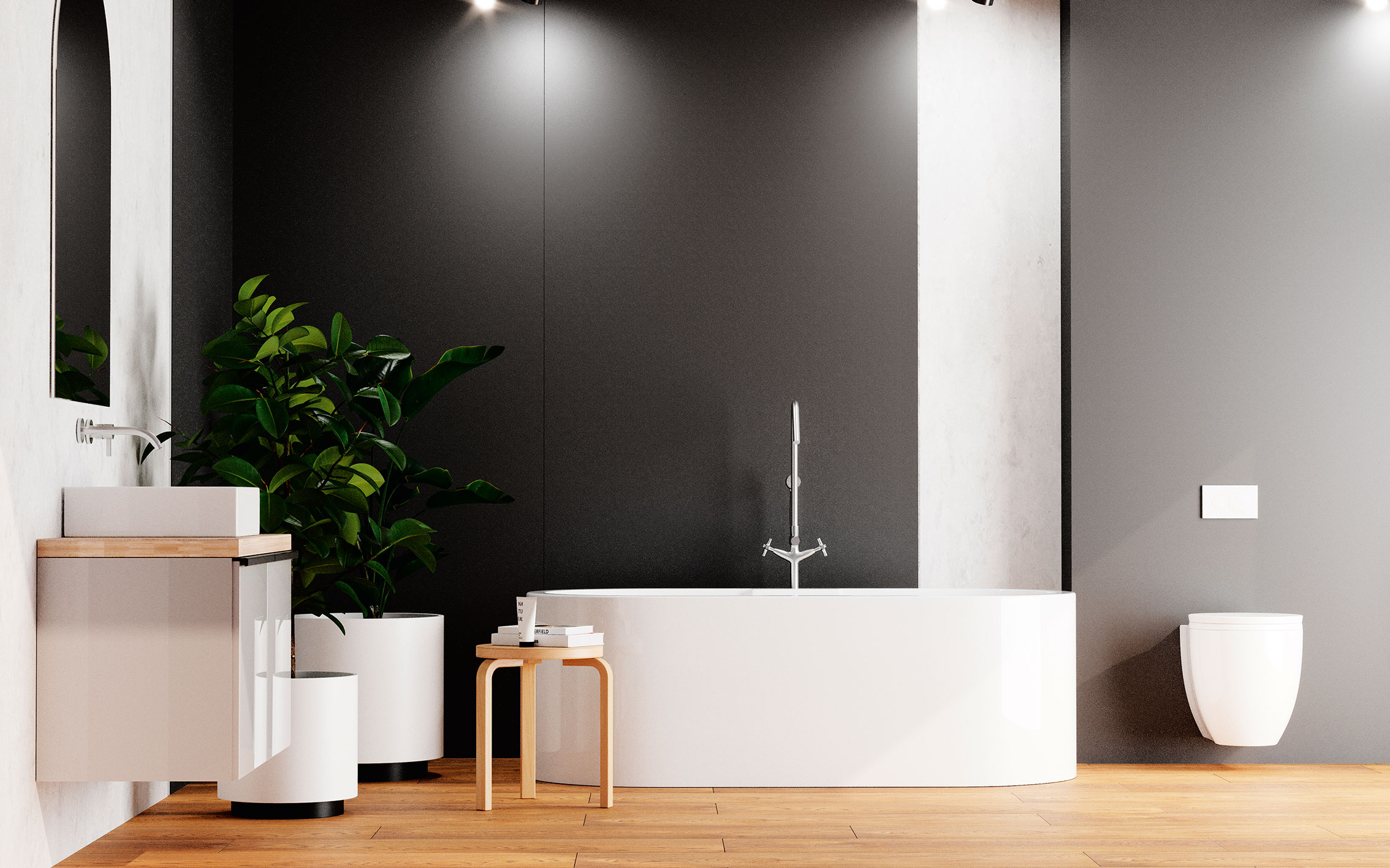 Moderne Badgestaltung mit Holzoptik Boden, Akzentwand schwarz und grauer Wand, freistehende Badewanne, WC und Waschtisch.