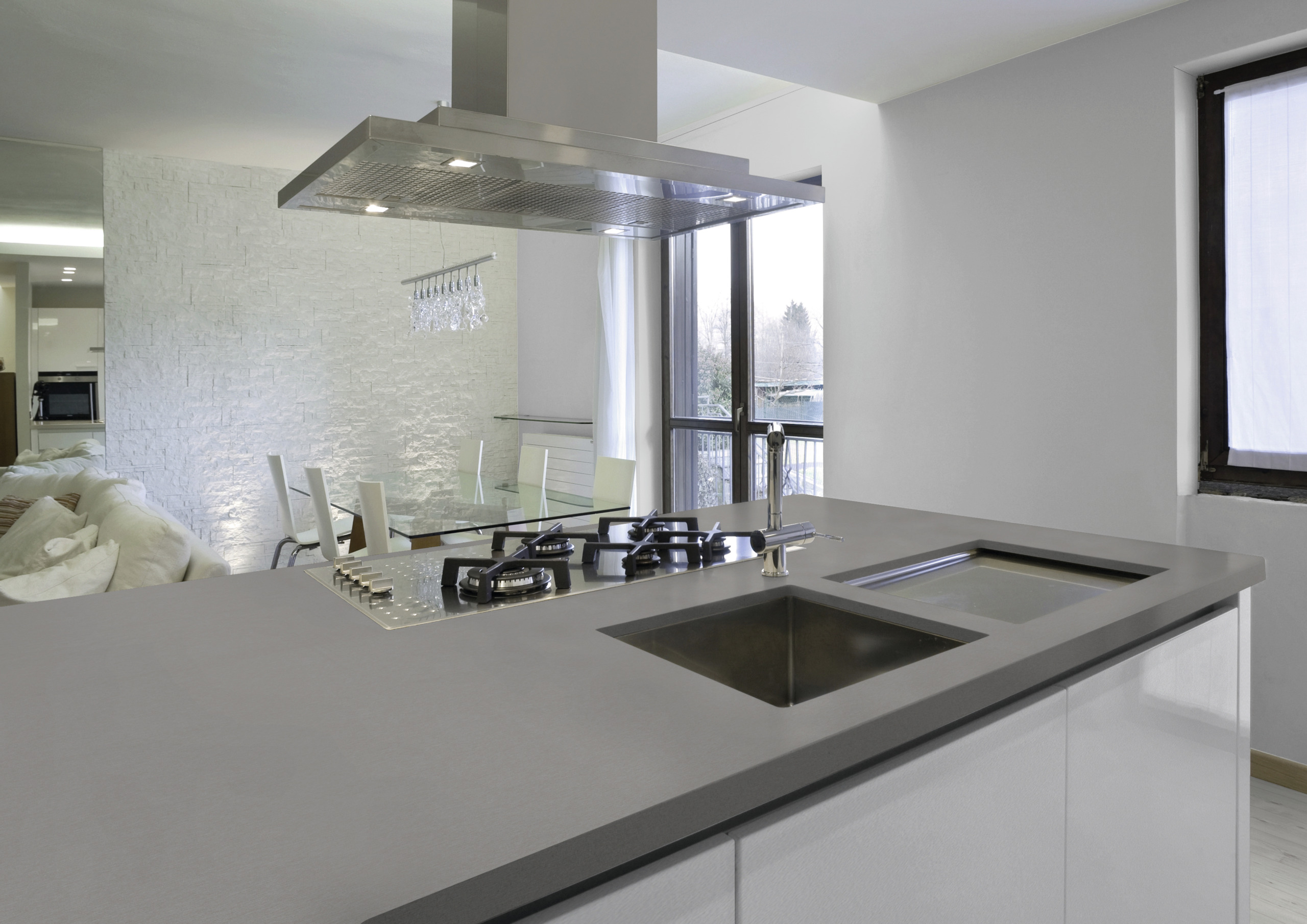 kitchen island, gas stove, built-in kitchen, stainless steel, stone look