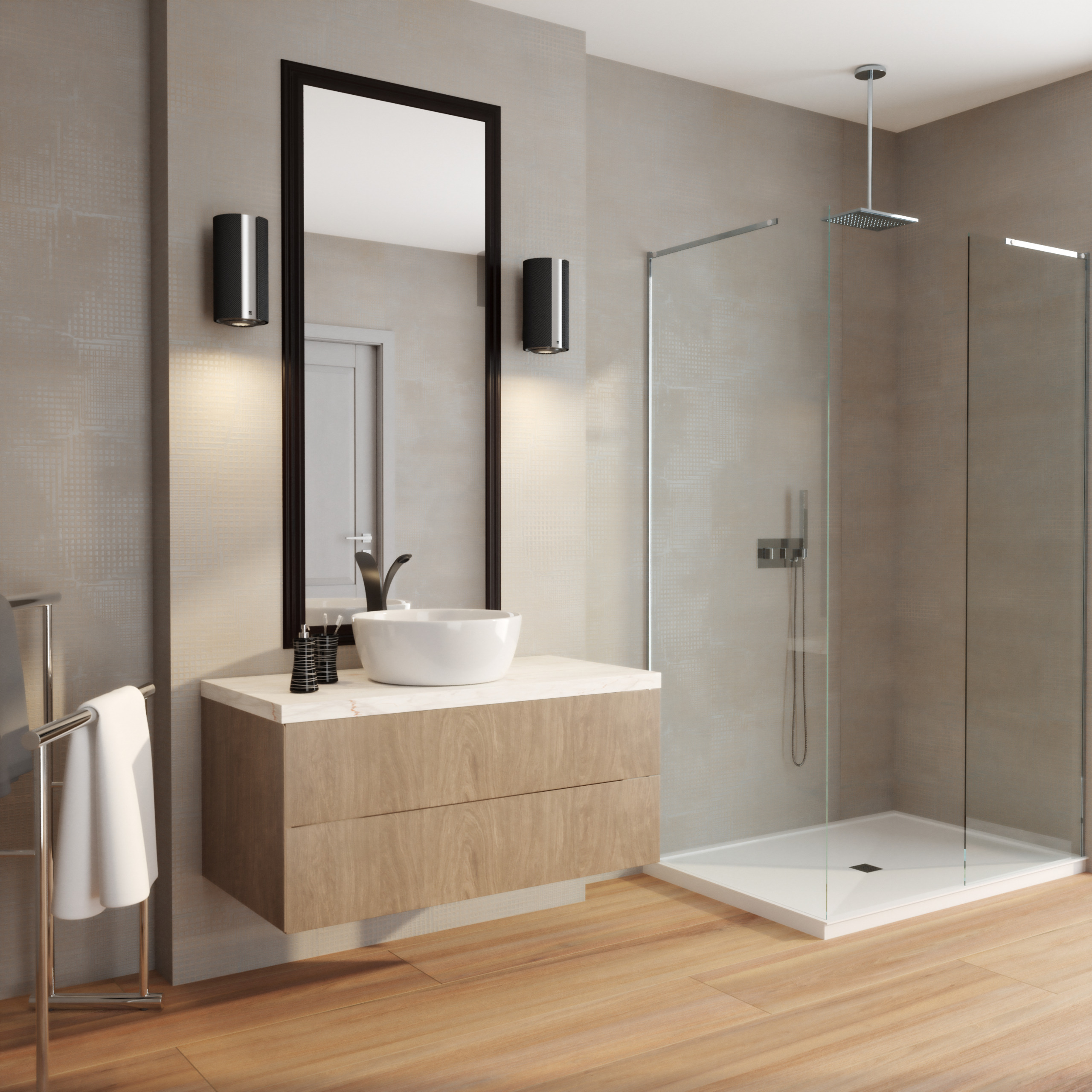 Badzimmer, Waschbecken, Waschplatte, Duschkabine, Holz-Schränke