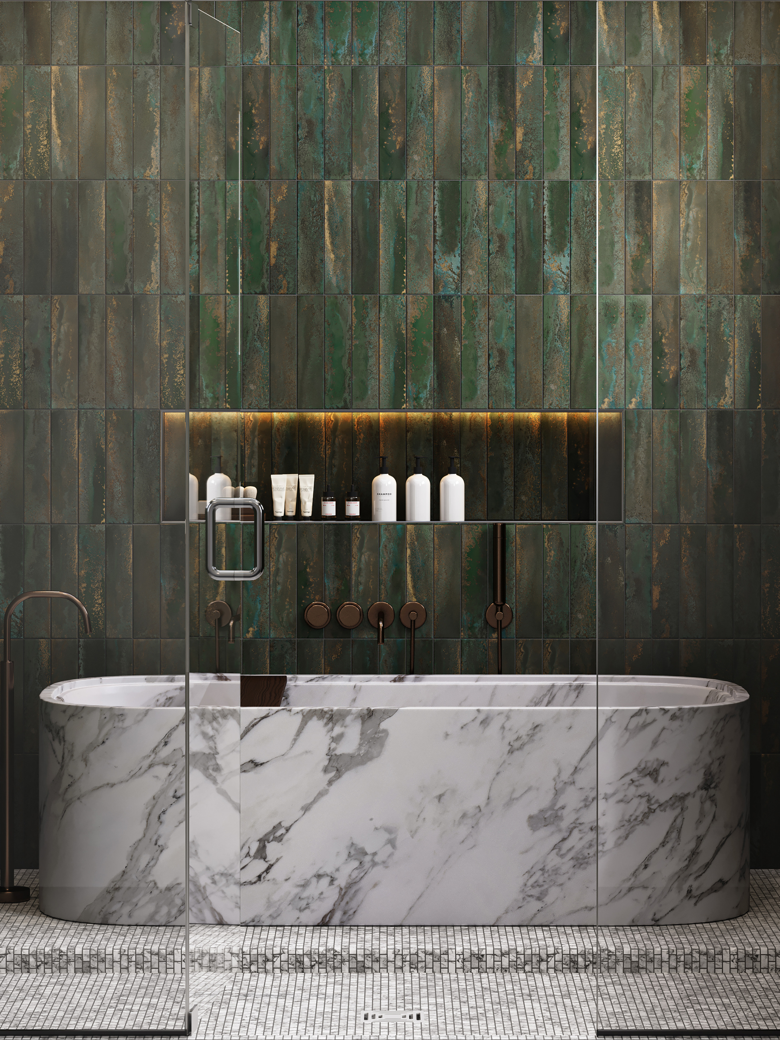 Badewanne, Marmor, Schwarz-grüne Fliesen, Duschbereich, Armaturen