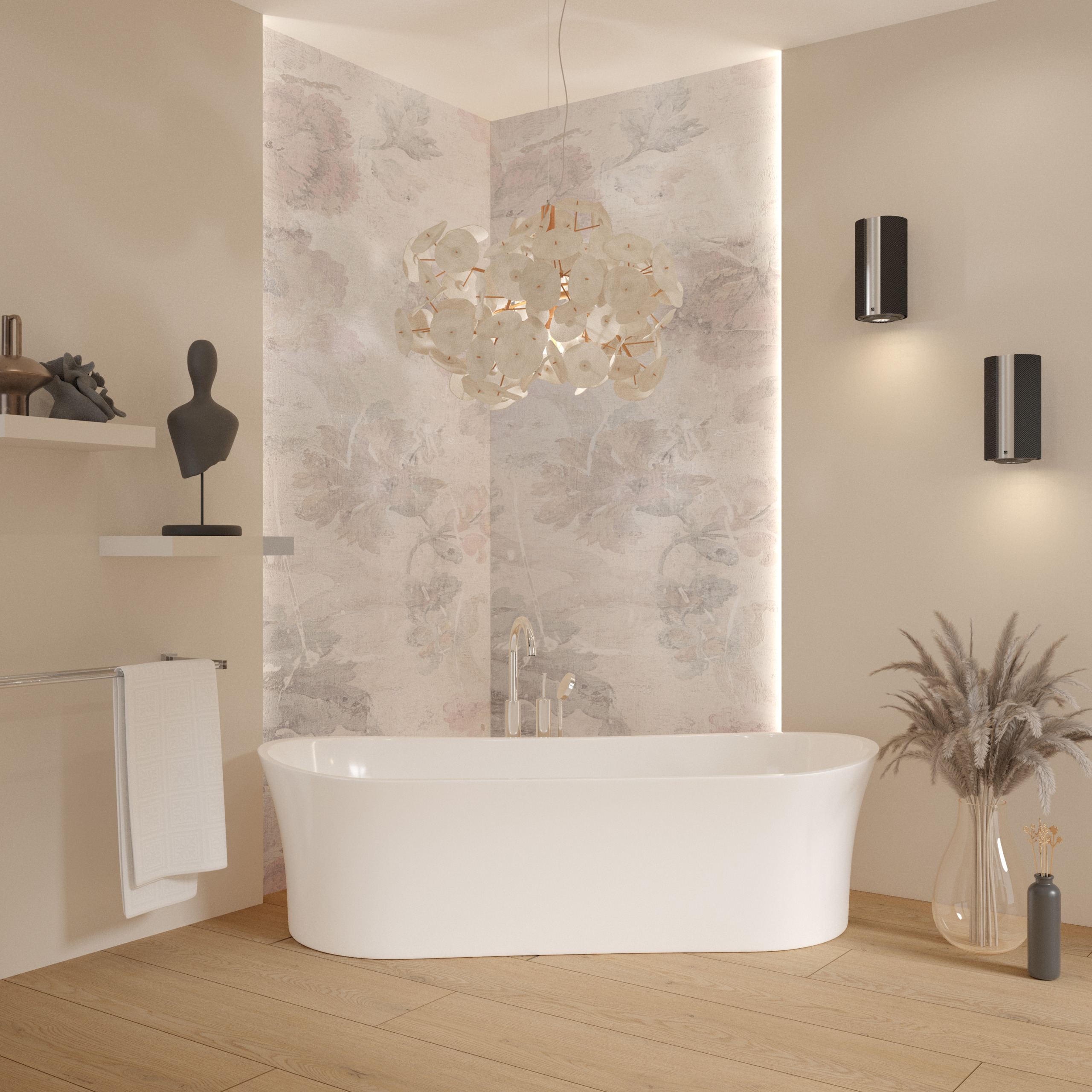  freistehende badewanne,  ovale badewanne,  weiß,  dekorative Pendelleuchte,  sanfter beigen Badezimmer