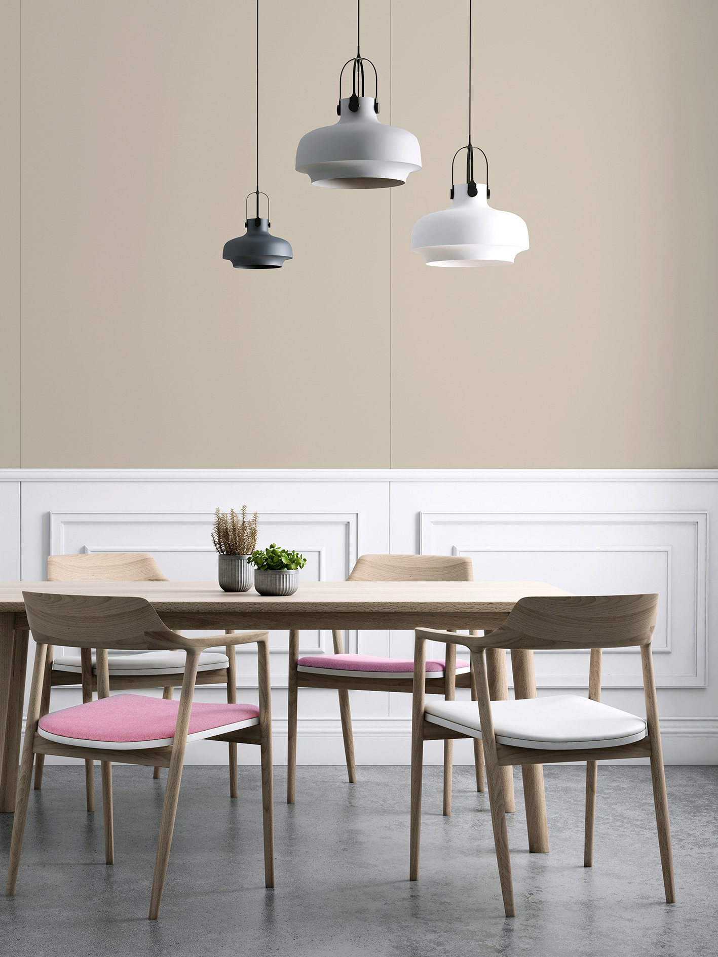 Moderne Essbereich-Raumgestaltung mit Holztisch, Stühlen und Wandpaneelen, Bodenbelag in Steinoptik.