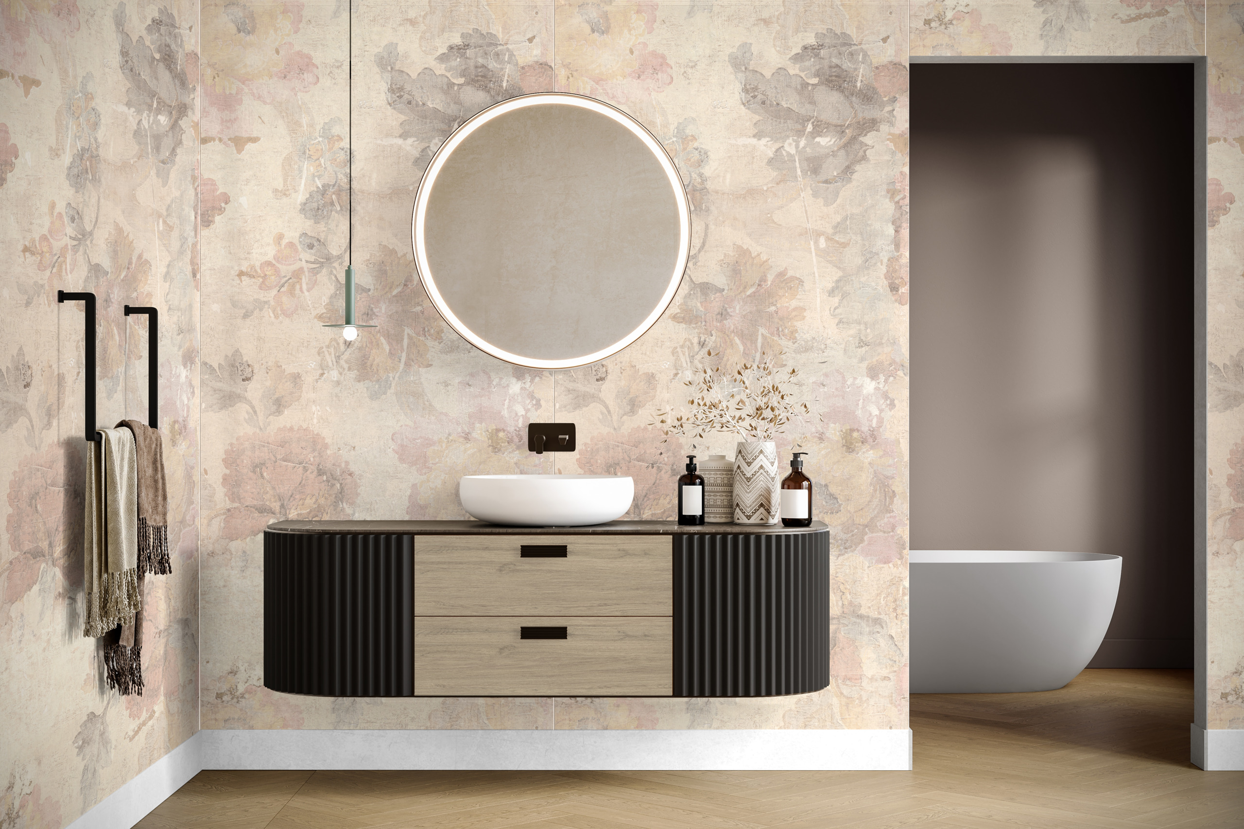 Badezimmer, Waschtisch, runder Spiegel, Aufsatzwaschbecken, gerillter Schrank