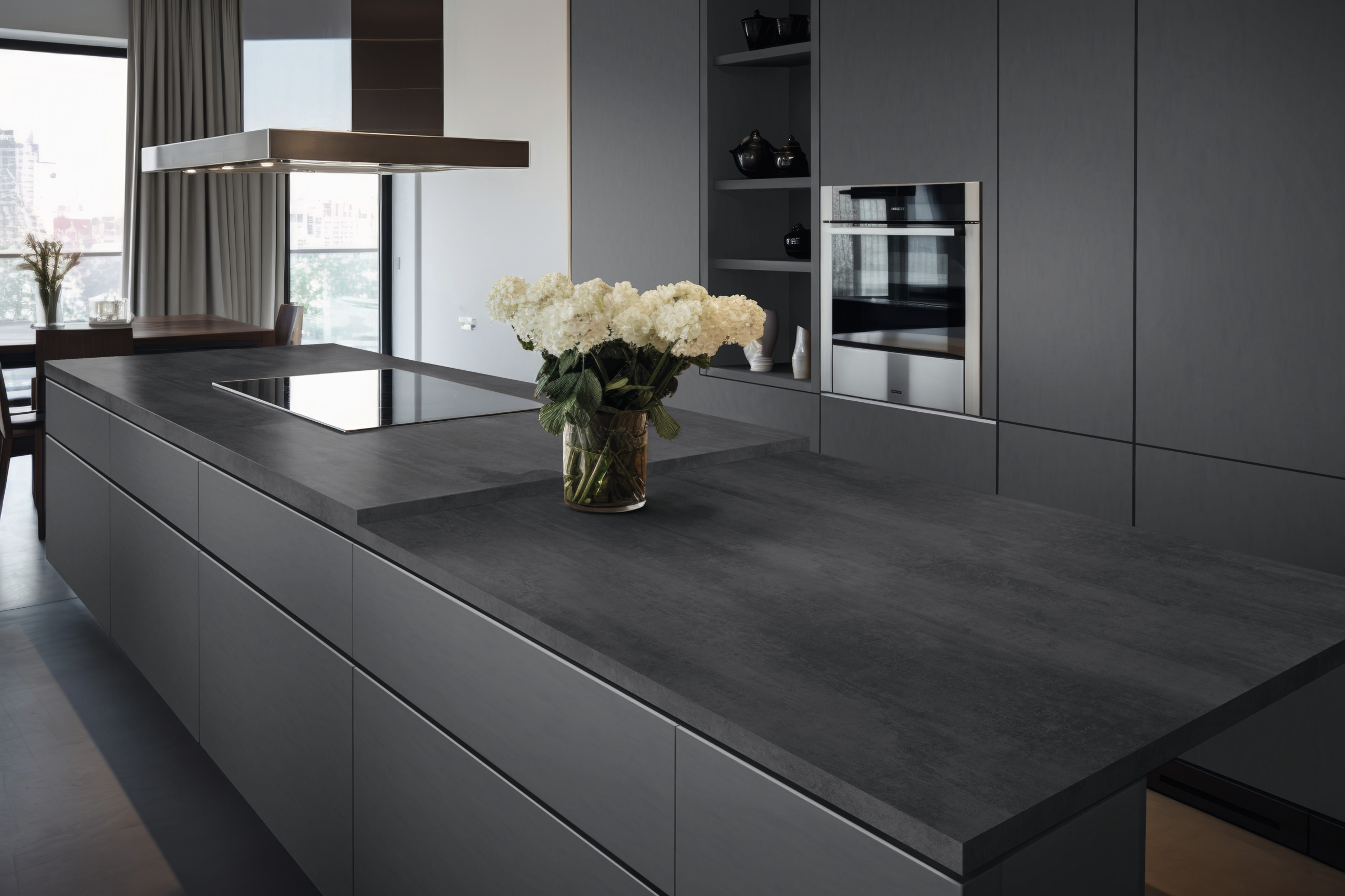 kitchen, Insel, Graustufen, Granit, Blumen