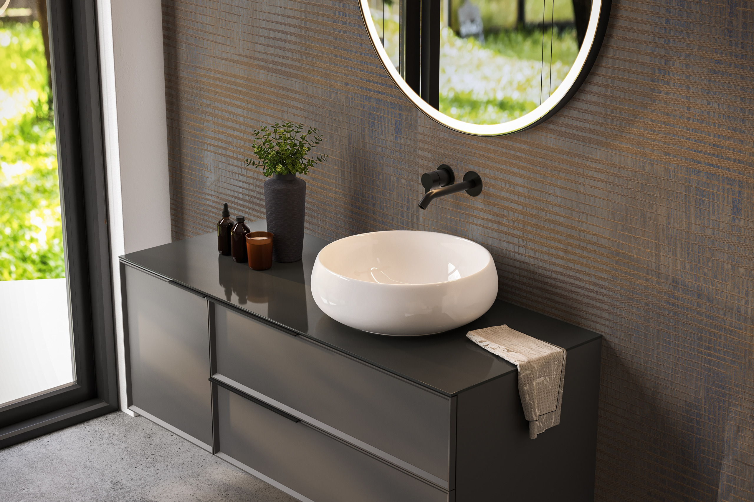 Waschbecken, Waschtisch, Wandmontierter Wasserhahn, Spiegel, Vase mit Pflanze