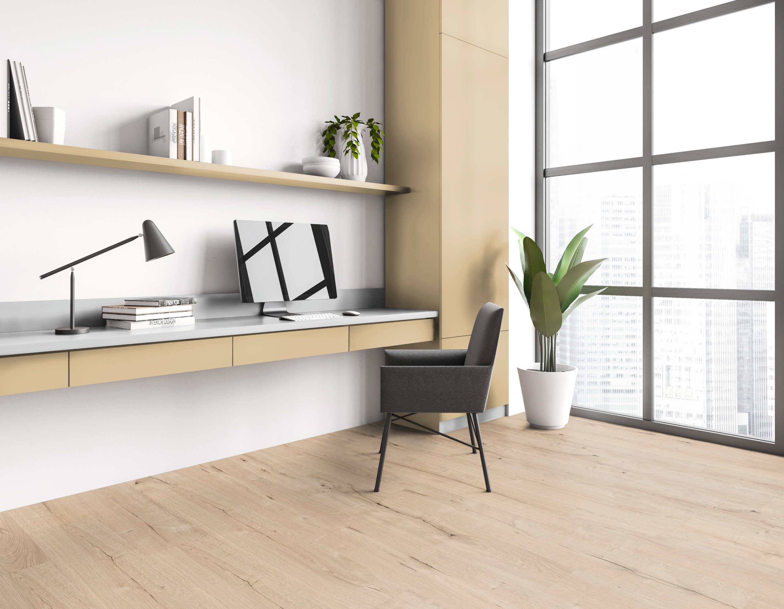 Helle Holzoptik Bodenbelag in einem modernen Raum mit integrierter Schreibtischlösung, Wandregalen und großem Fenster.  Bodenbelag, Wandgestaltung.