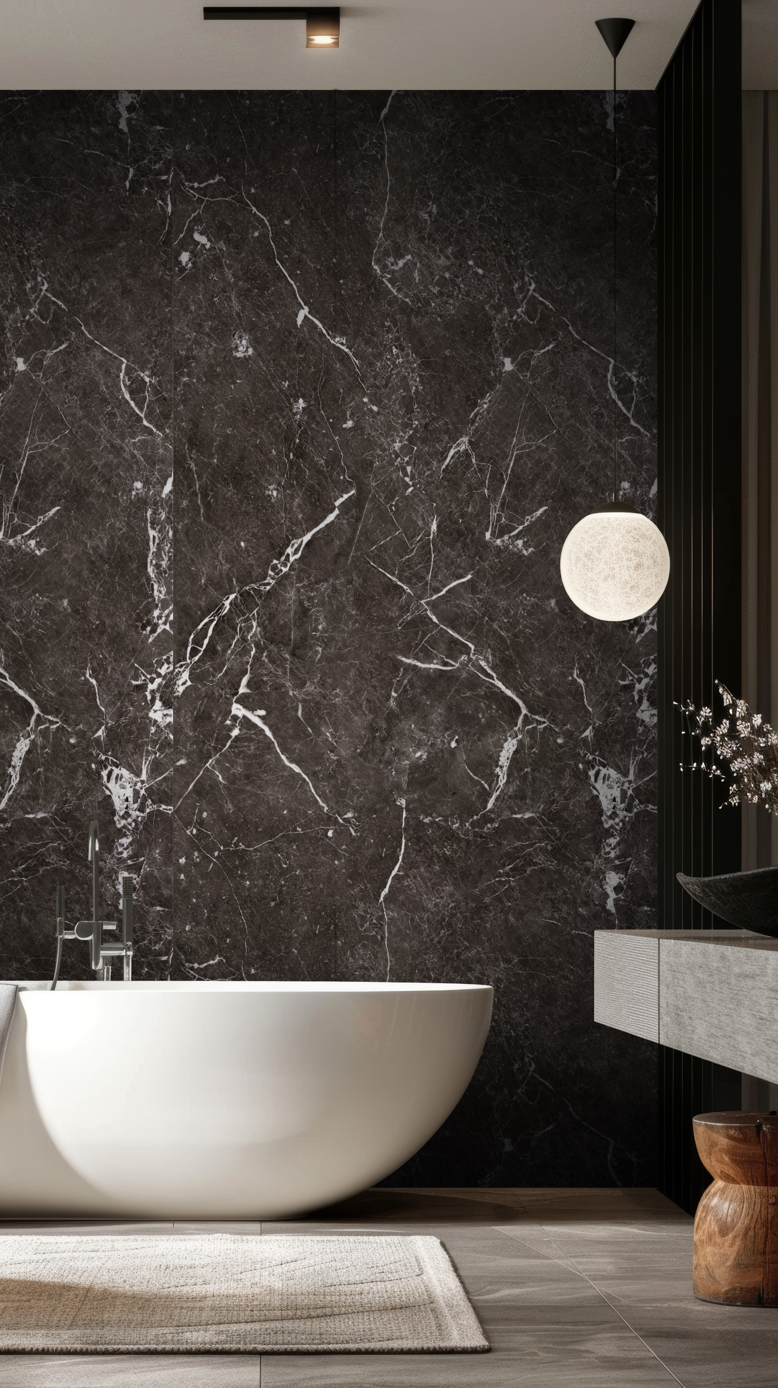 freistehende Badewanne, Badewanne, Marmorre Wand, dunkles Marmor, Badezimmerdekoration