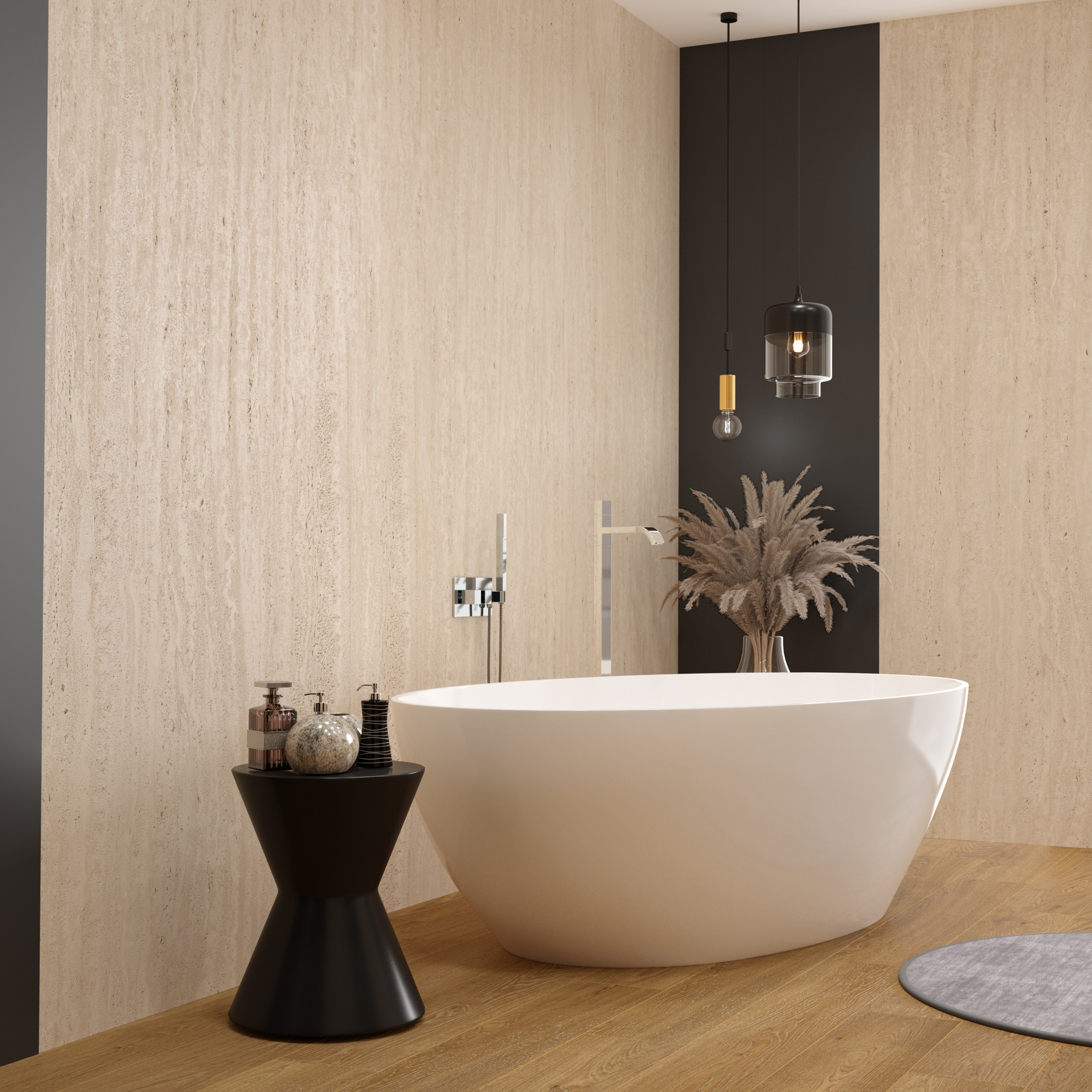  freistehende badewanne, badewanne, freistehend, modernes badzimmer, holzboden