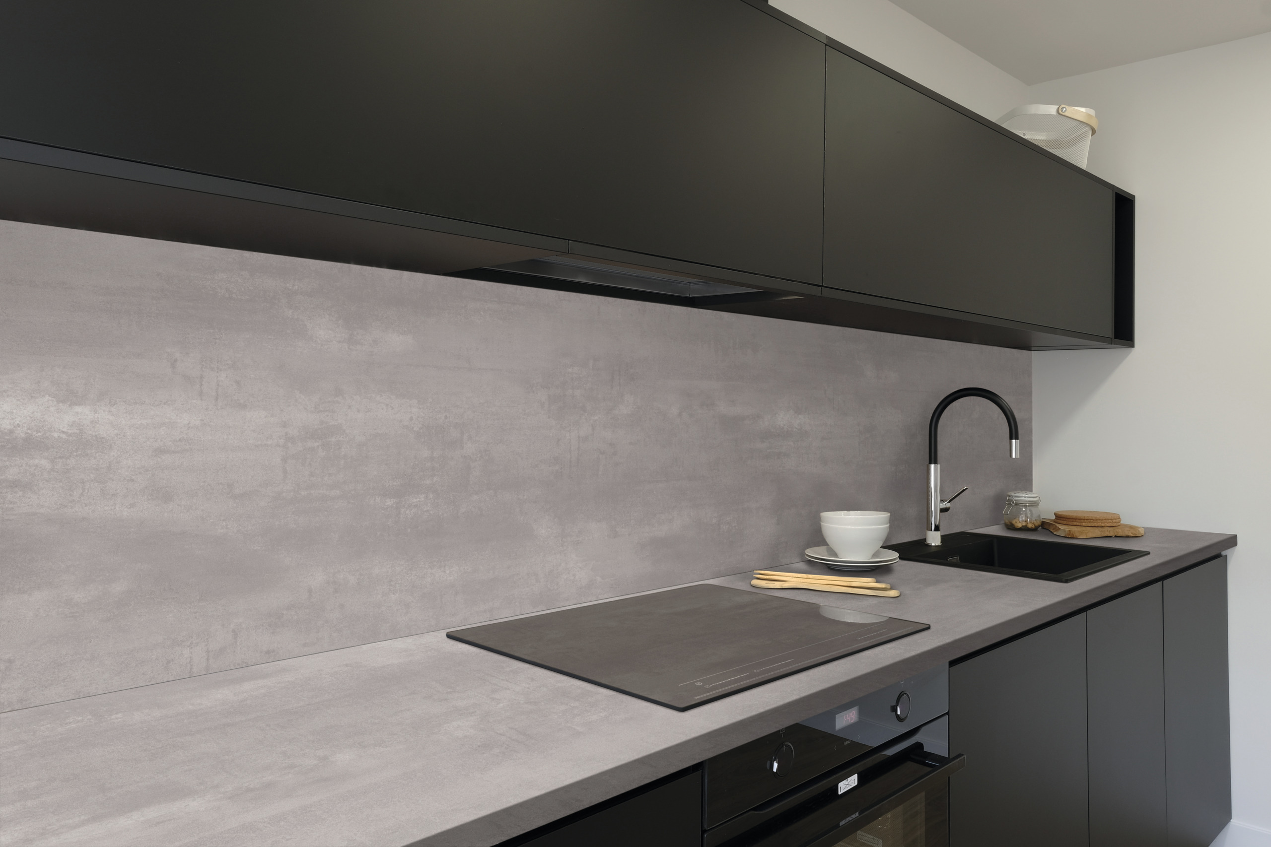 kitchen, kitchen counter, granit/steingrau, induction hob, spüle mit mixer