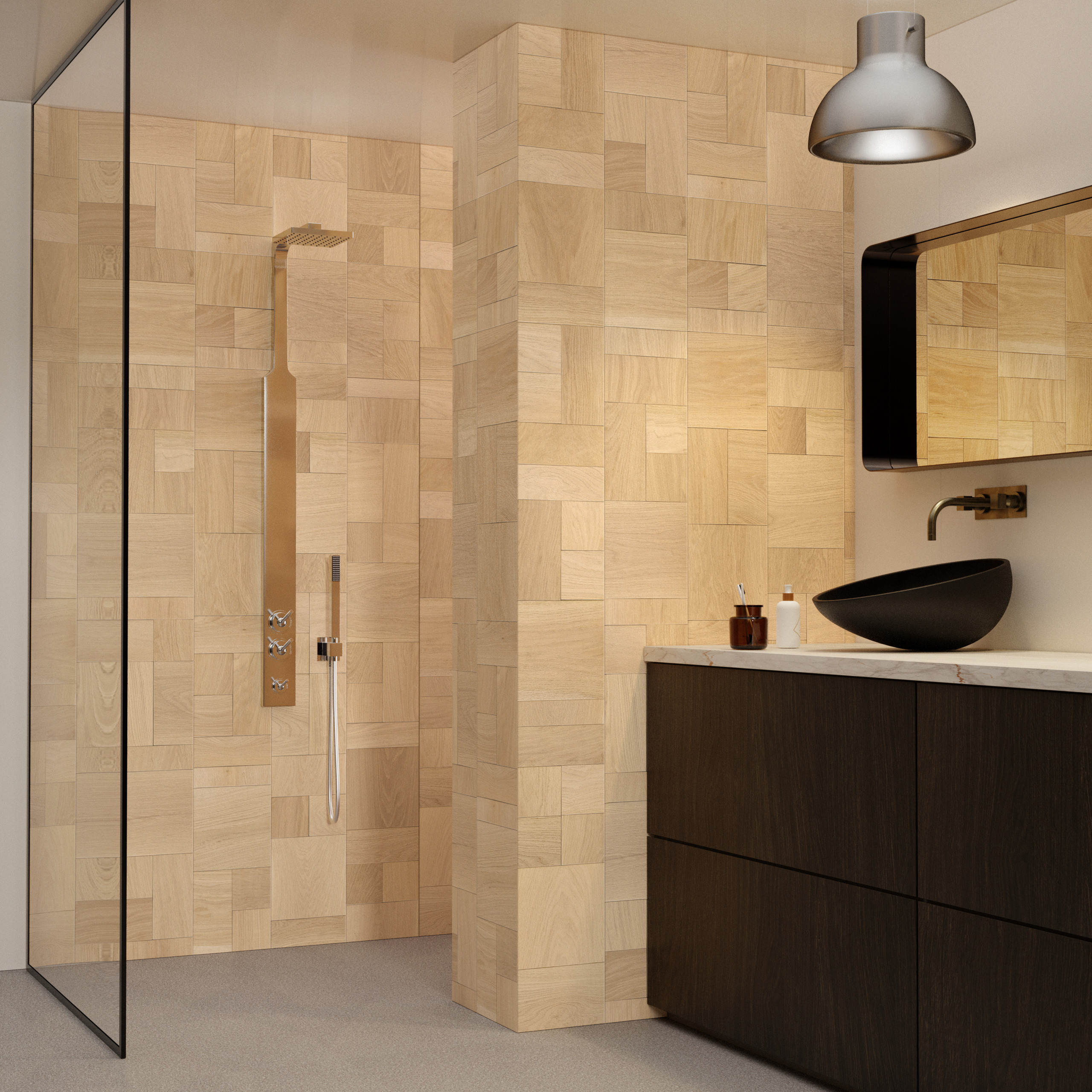duschbereich, badezimmer, fliesen, holzoptik, waschbecken