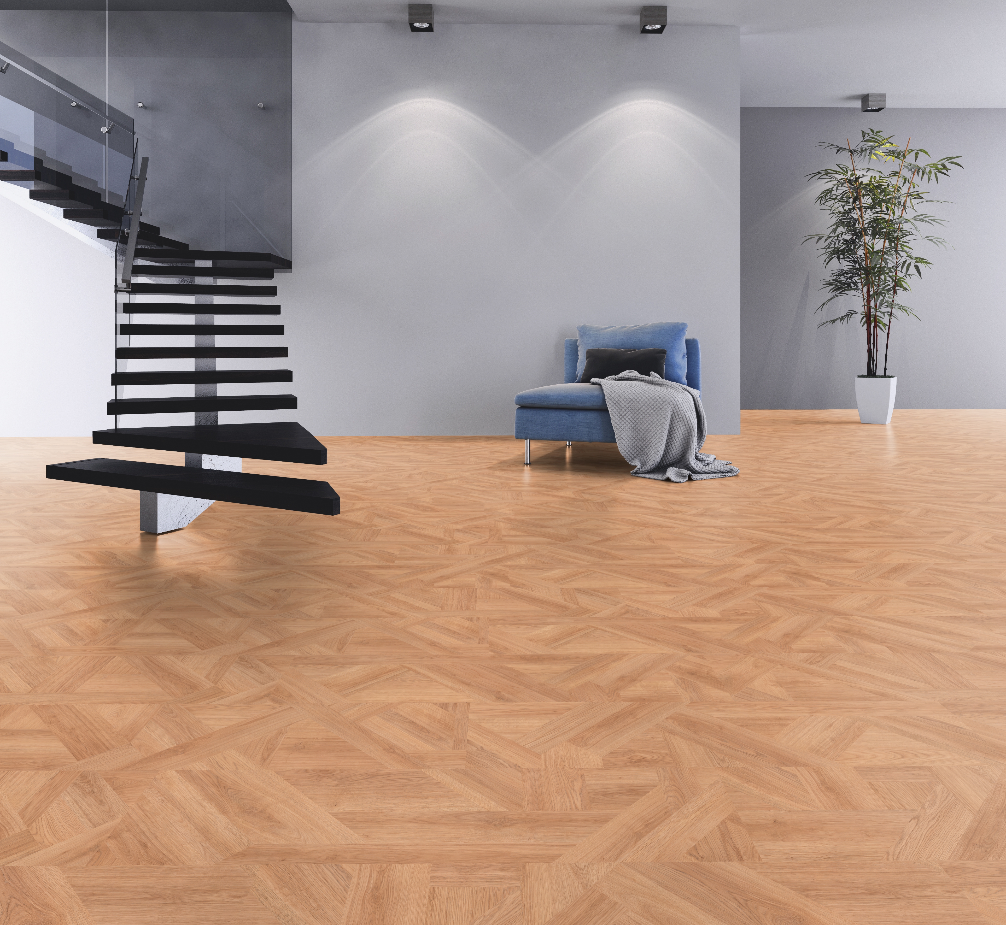 Ein moderner Raum mit Holzoptik-Parkettboden, einer schwarzen Treppe und blauer Couch, für anspruchsvolle Raumgestaltung.
