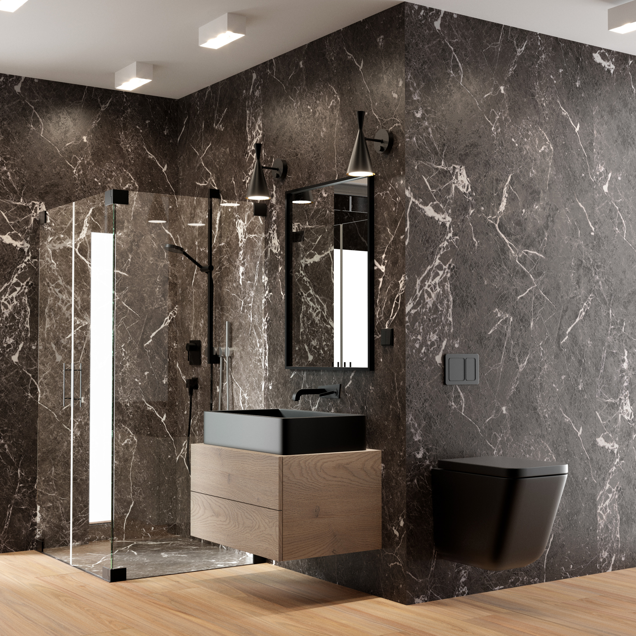 lavabo, wandhängendes Waschbecken, dunkles Marmor, duschtür, bodenmontierte toilette