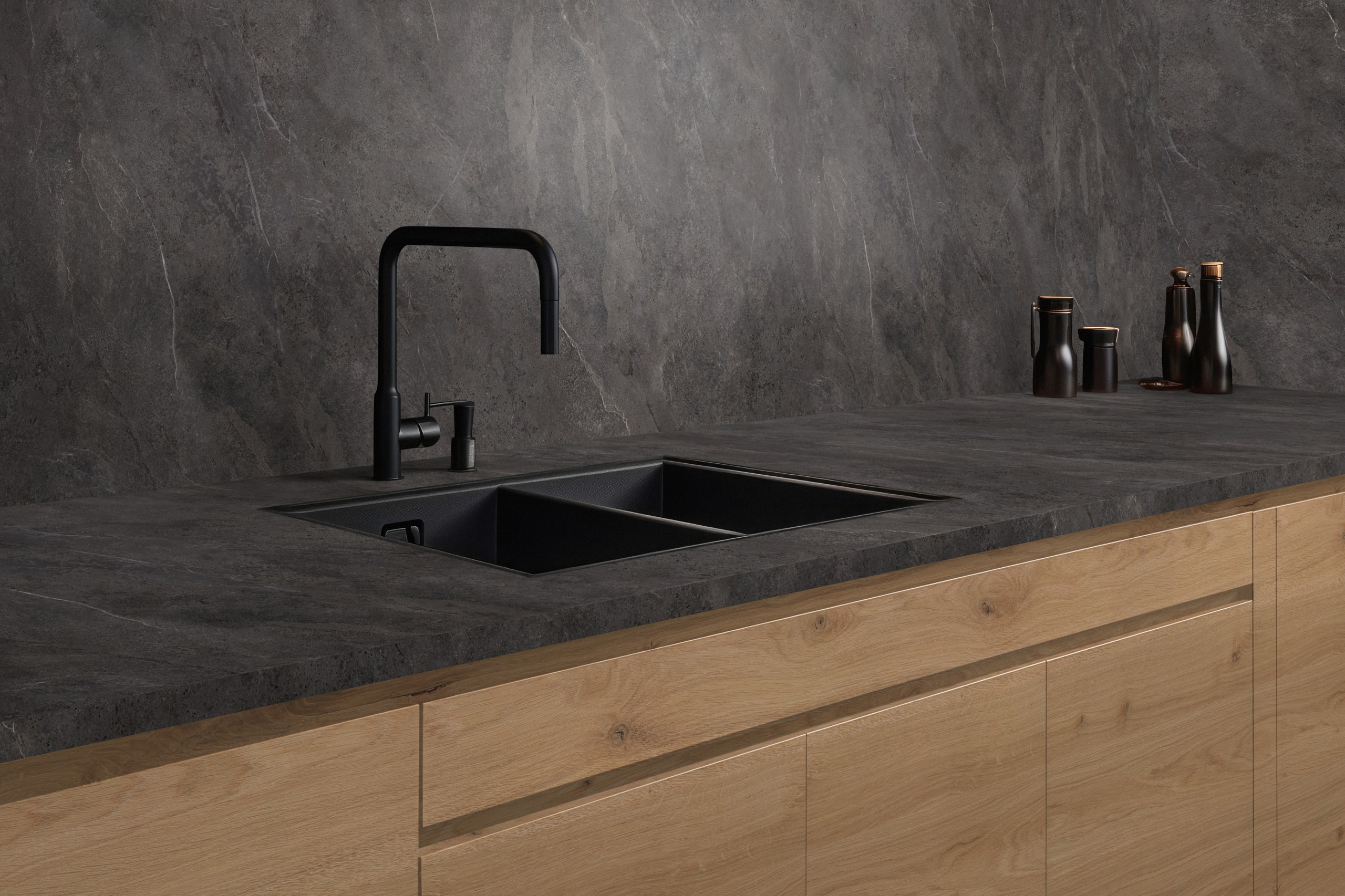 kitchen, spüle, spüle-matte, steinoptik, kubus-unterbau