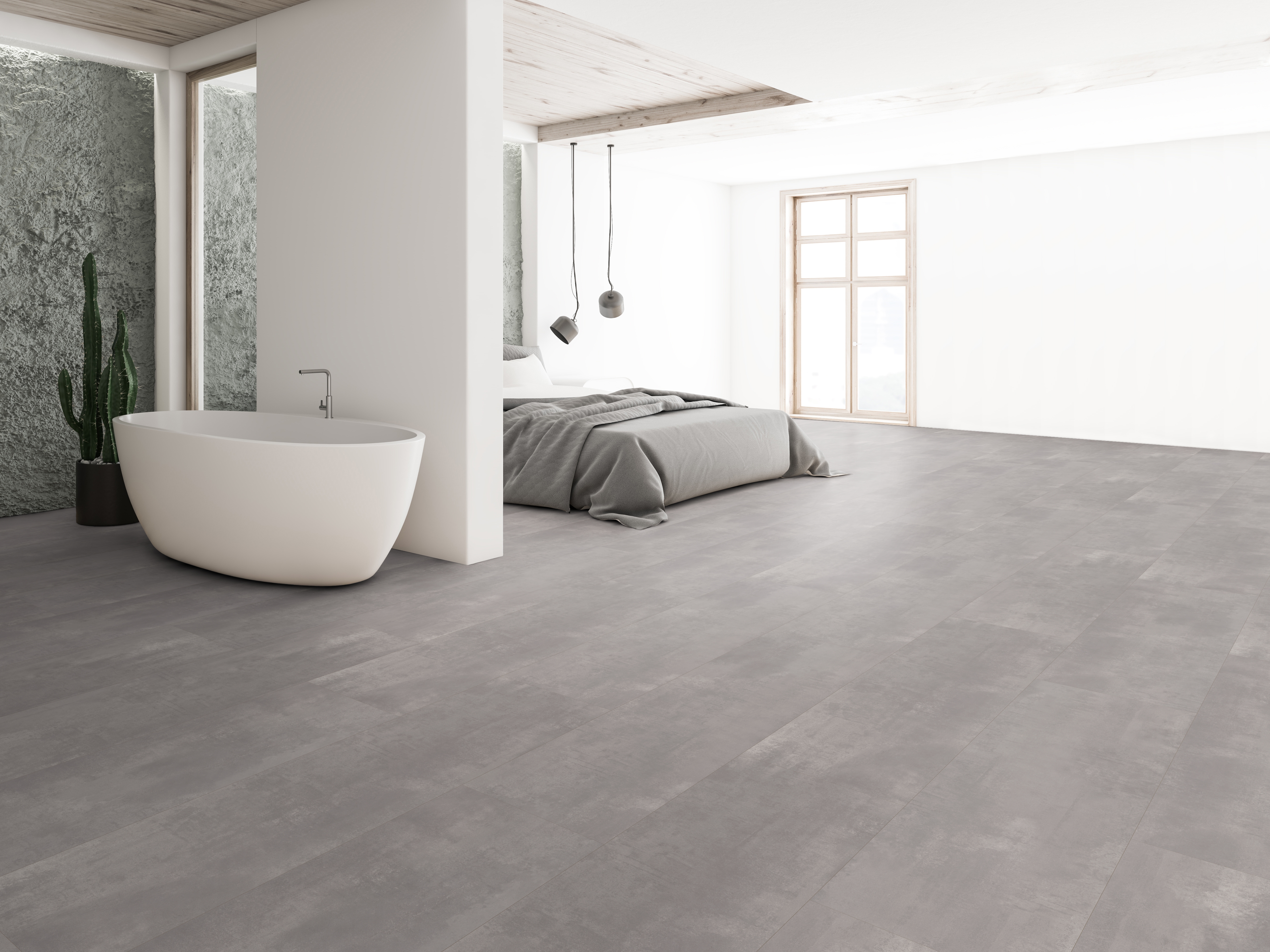 Moderne Raumgestaltung mit Betonoptik Bodenbelag und Akzentwand, kombiniert mit Bett und Badewanne für ein stilvolles Interieur.