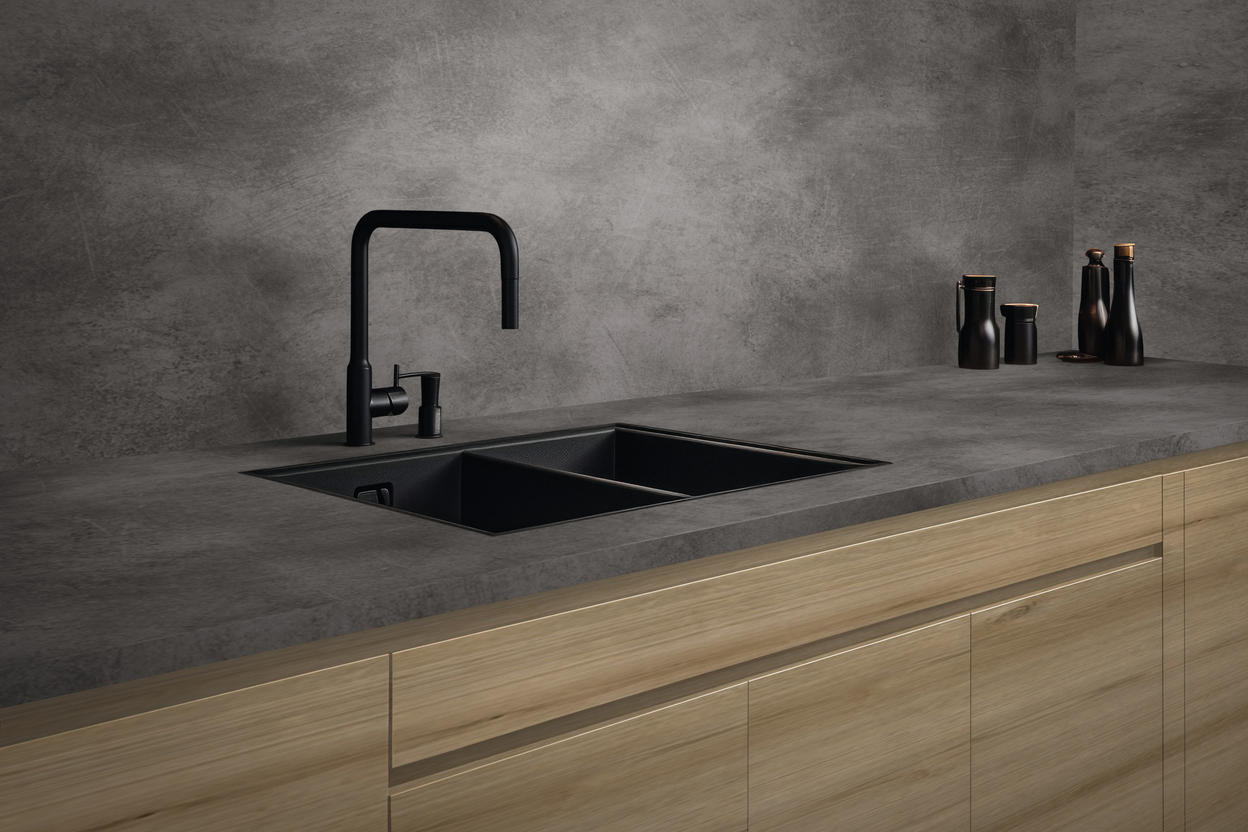 kitchen, küche, schwarzer wasserhahn, steinscheibe, holzschrank