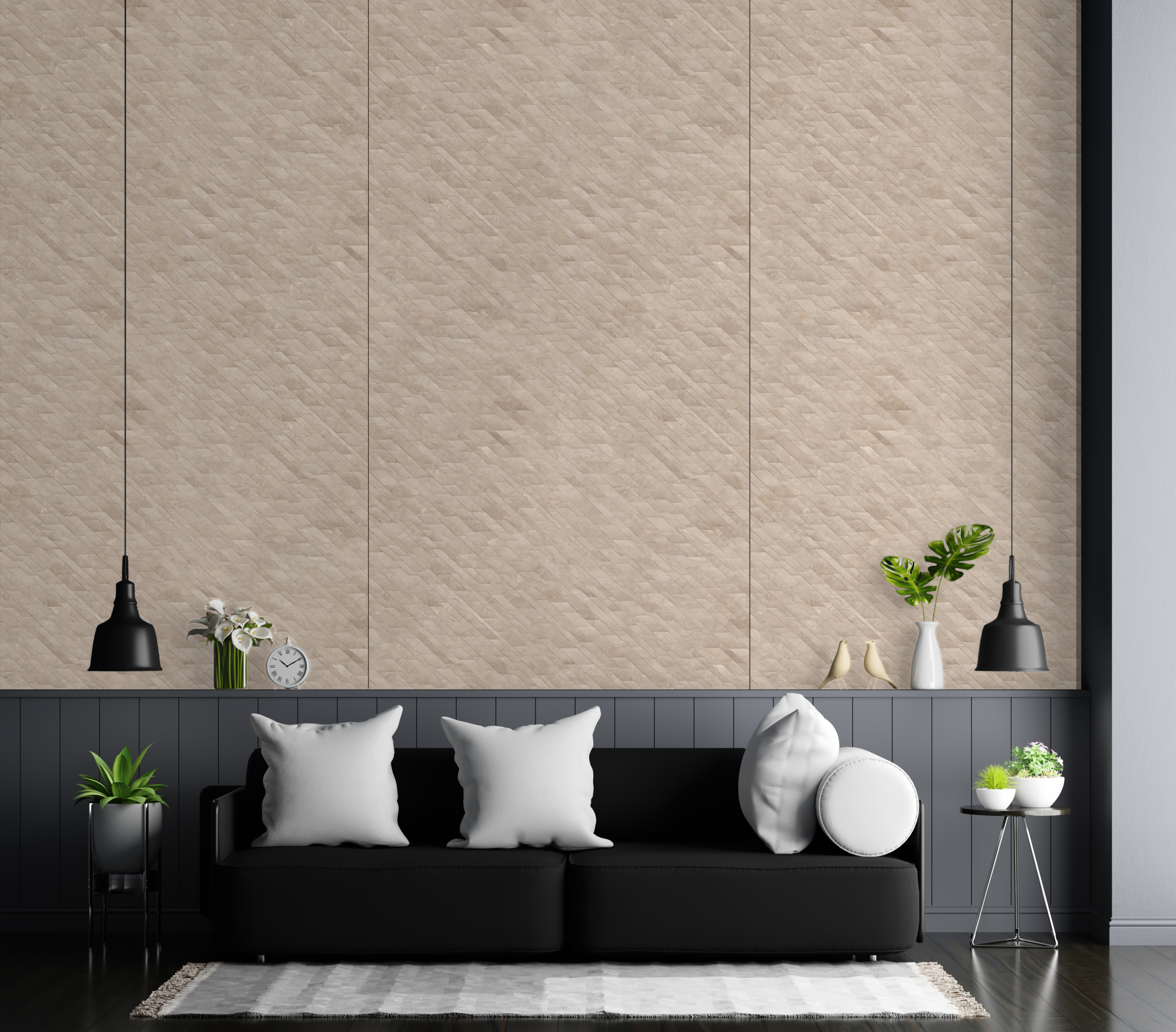 sofa, wohnzimmer, wandpaneele, hängende lampe, pflanze in topf
